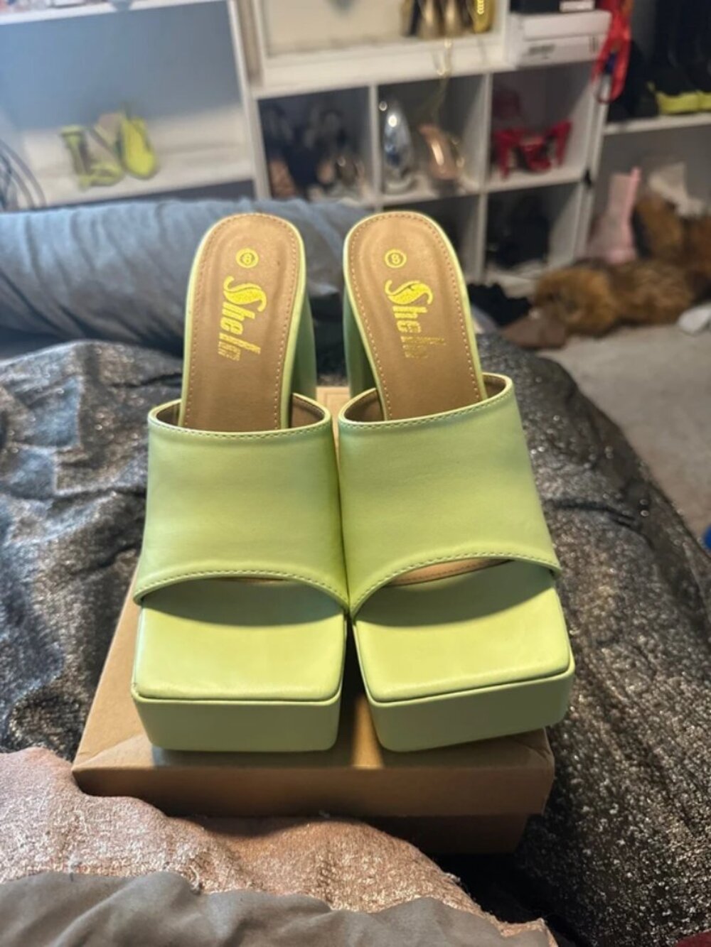 Lime chunky open toed leather heels
